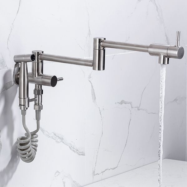 

2021 new pot filler with sprayer wall mounted foldable kitchen faucet single cold nickel sink tap rotate folding spout sus304 k7ym