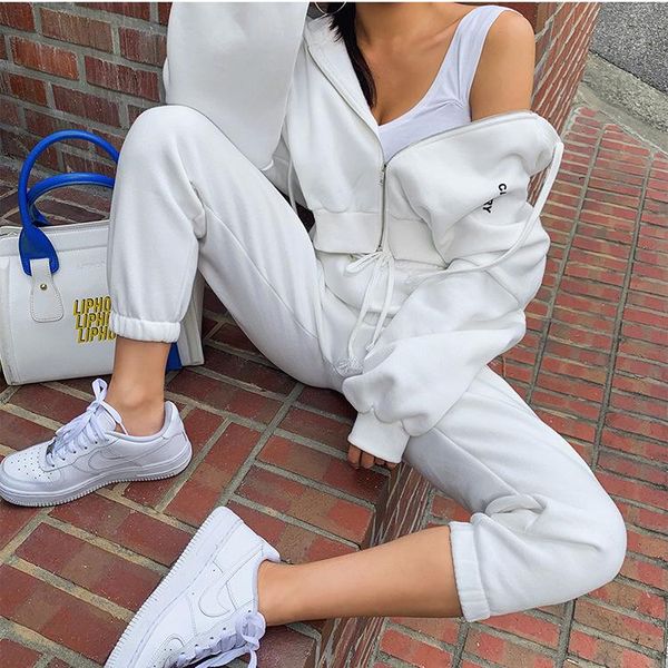 

two piece outfits for women printing hooded long-sleeve jacket short paragraph+loose casual sports trousers, White