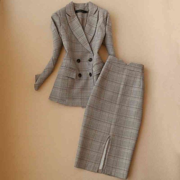 Inverno de alta qualidade mulheres terno saia conjunto de duas peças versão coreana do profissional xadrez senhoras jaqueta slim 210527