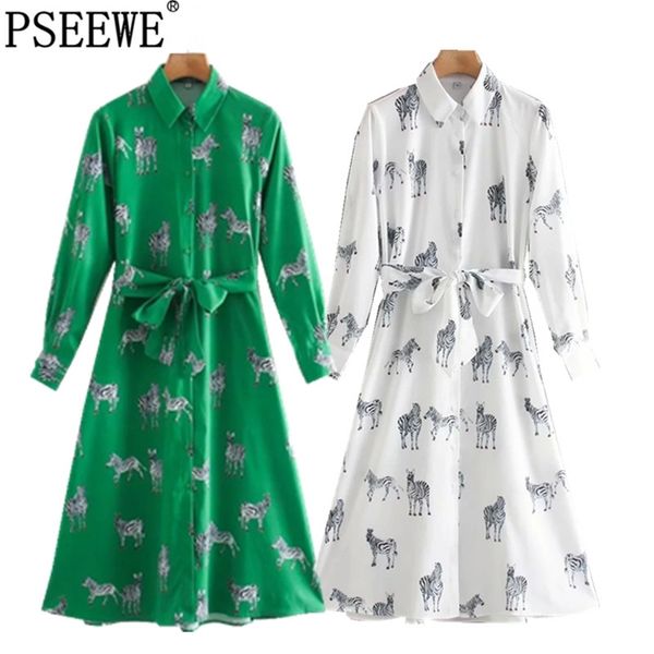 

za woman animal printed shirt dress summer vintage long sleeves turn up collar midi dress fashion tied belt button dresses 210309, Black;gray