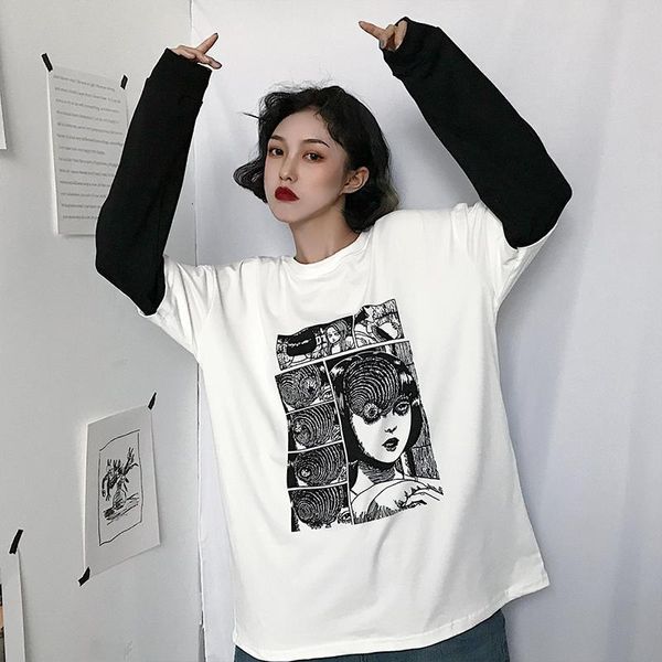 

paris girl harajuku t-shirt women fake 2 pieces print japanese fujiang horror comics long sleeve shirt women vetement femme, White