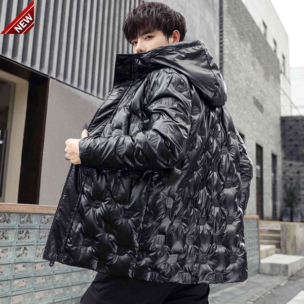 

2021 new thickened short 90white duck down glossy printed casual hooded jacket detachable men's warm coat, Black