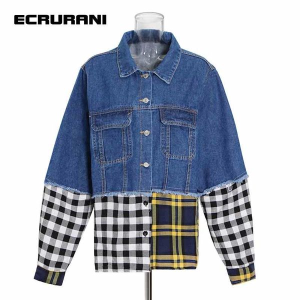 

women's jackets ecrurani blue print plaid casual jacket for women lapel collar long sleeve hit color female summer clothes 2021 tide, Black;brown