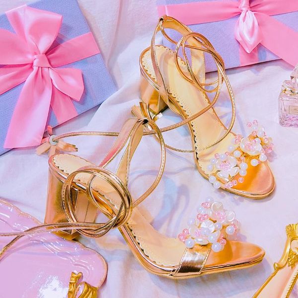 

dress shoes summer handmade sweet pearl open toe comfortable low thick heel lace strap female sandals banquet all-match high heels, Black