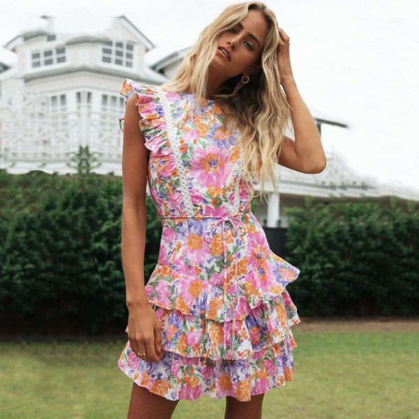 

backless floral boho dress women ruffle summer dress sleeveless beach short dress women hollow out lace vintage, Black;gray
