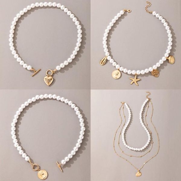 

chains luxury pearl stone shell pendant necklace for women summer star heart chain choker bohemian jewelry gift, Silver