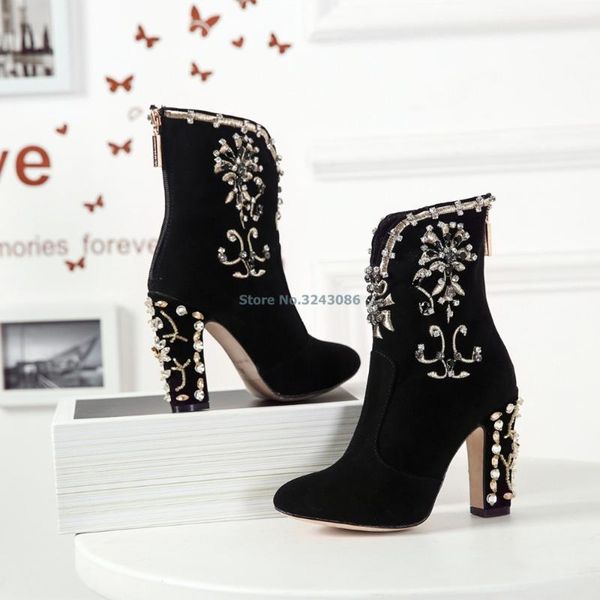 

boots elegant embroider crystal ankle round toe thick high heel short black suede fashion women shoes arrival
