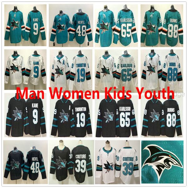 

2021 san jose sharks 9 evander kane 39 logan couture 88 brent burns 48 tomas hertl 65 erik karlsson men women kids youth hockey jerseys, Black;red