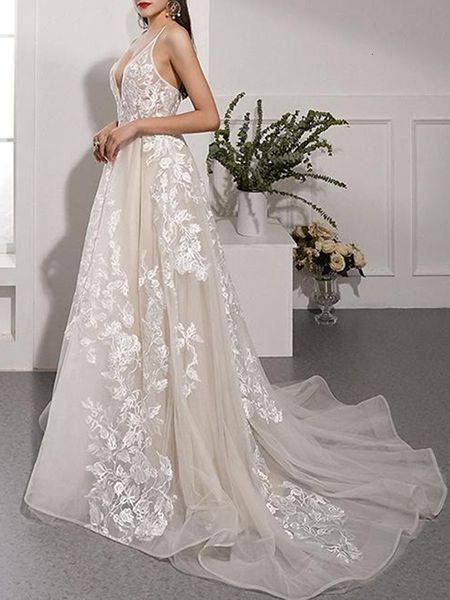 

new graceful 2021 lace appliques tulle wedding backless spaghetti strap a line court train long bridal gowns robe de mariee xgus, White