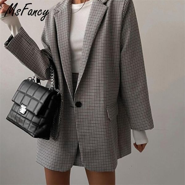 Msfancy xadrez terno feminino moda vintage blazer saia conjunto mujer primavera casual tailleur femme mini 2 peça 220221