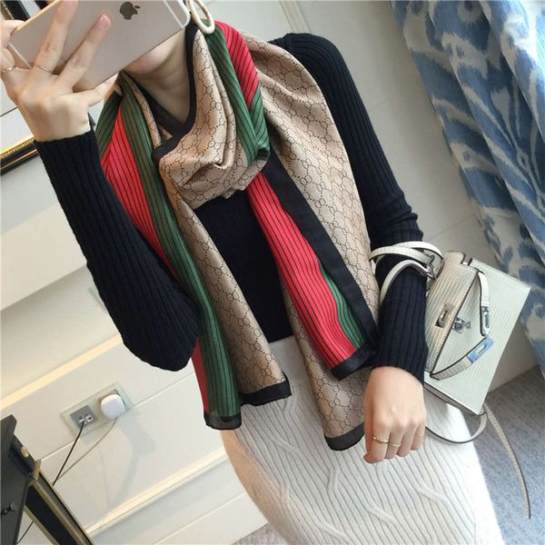 

spring and summer new simulation silk scarf women 2020 fashion letter stripe sunscreen air conditioning shawl, Blue;gray