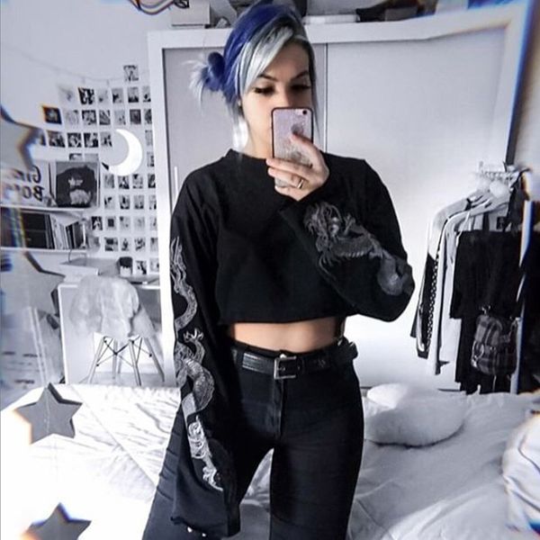 

black crop hoodie women sweatshirt gothic punk grunge dragon printed harajuku loose sweatshirt pullover female top, White