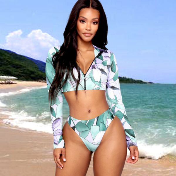 

casual women print slim long sleeve zipper high waist panties set swimsuit bathing suit swimwear beach two-piece suits, Black