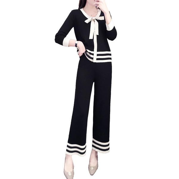 

women's two piece pants autumn knitted tracksuit women casual knitting sweater + wide leg set female trousers jumpers clothing, White