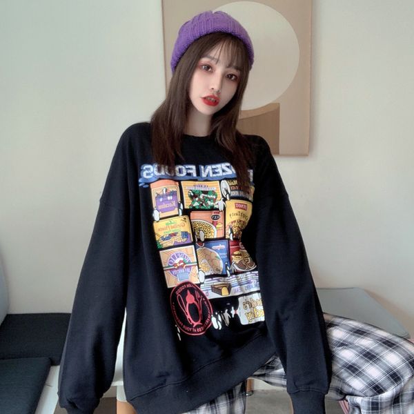 

2021 new autumn college style loose casual round neck cartoon print sweatshirt pocket drop shoulder sleeves 4sdv, Black