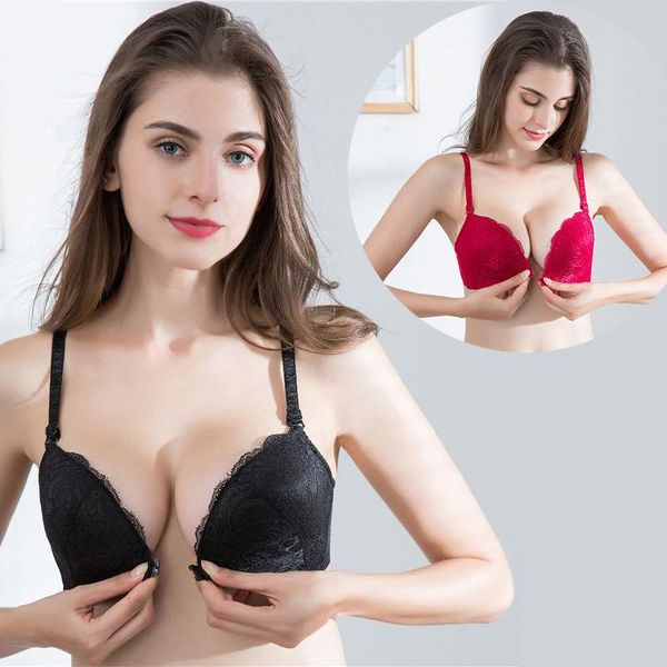 

bras 2 piece women's bra lace with floral front closure underwear large size beauty back push-up gather seamless, Red;black