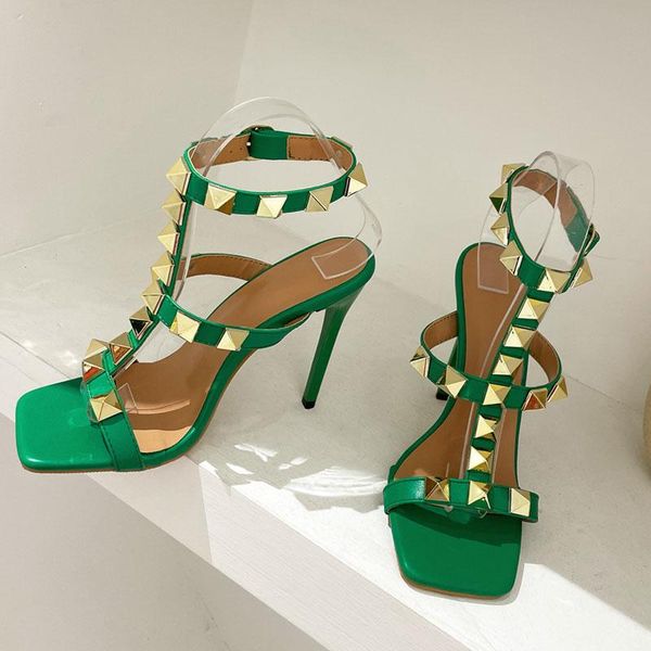 

sandals 2021 summer green pink high heels rivet women square toe ankle buckle strap thin ladies party shoes, Black