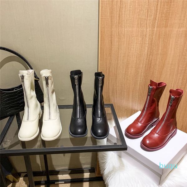 Tasarımcı-Kadın Çizmeler Moda Ön Fermuar Kısa Çizmeler 4.5 cm Uzun Boylu Beyaz Siyah Kırmızı Yarım Boot Ile Seksi Collocation