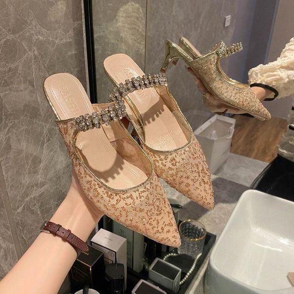 

slippers bling glitter air mesh mules pointed toe crystal belt modern women sandals thin high heels shoes breathable slides 2021, Black