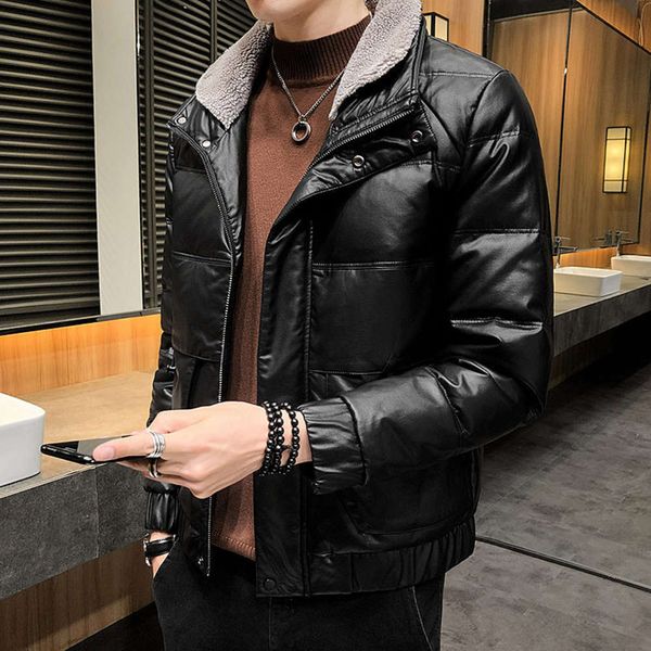 

leather cotton padded jacket men's short autumn and winter feather collar down cotton padded jacket men's thickened winter cotton, Black