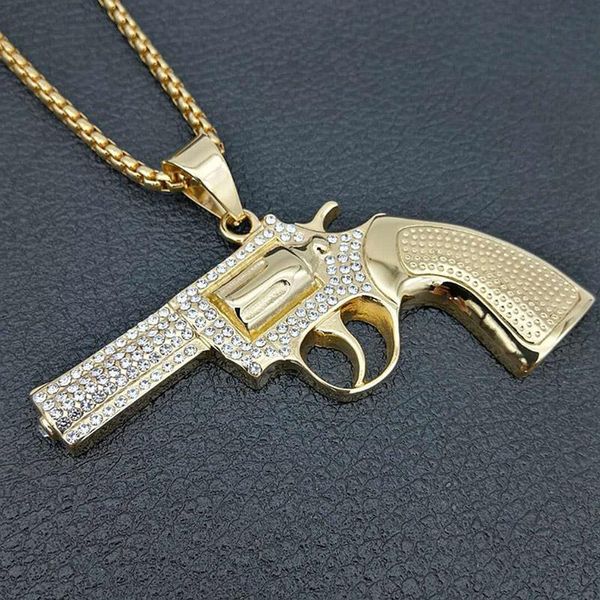 

pendant necklaces micro paved cz stone iced out bling big revolver gun necklace gold 316l stainless steel men hip hop rock jewelry, Silver