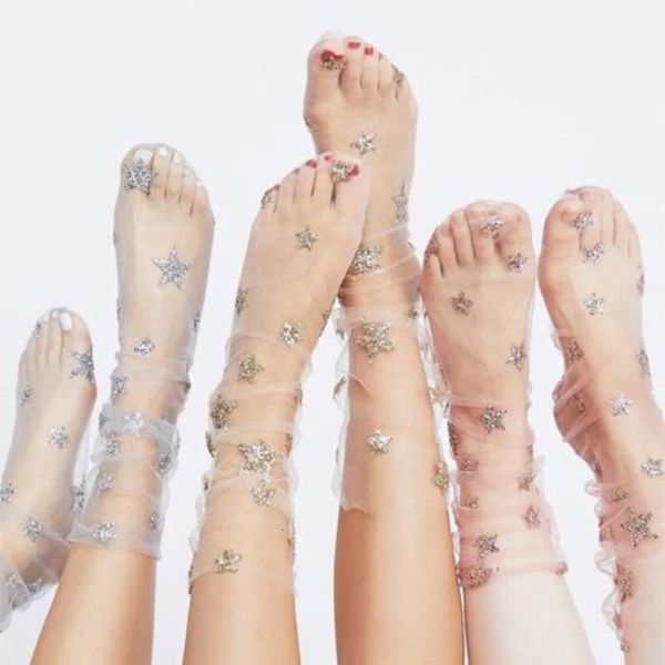 

womens glitter thin soft shining stars moon sheer mesh tulle transparent visible socks selling, Black;white