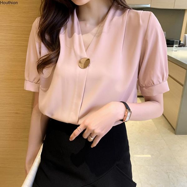 

women's blouses & shirts women's chiffon short sleeve v-neck bow solid color fashion casual korean loose commute lady blusas, White