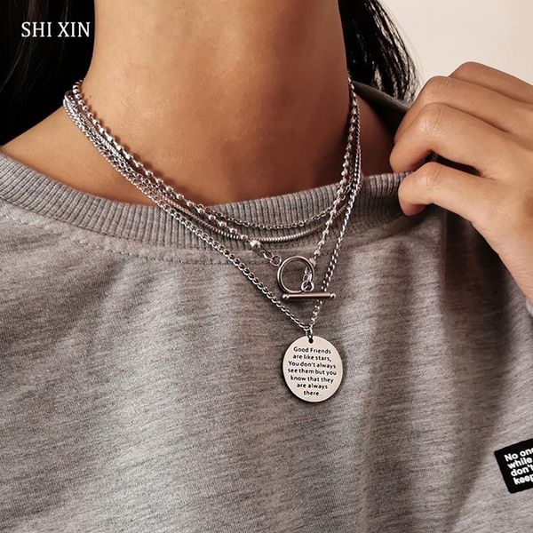 

pendant necklaces shixin trendy pendants of friendship letter coin necklace for women fashion layered stainless steel chains on the neck, Silver