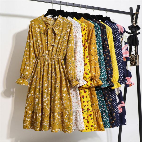 

casual dresses vintage bow lace up neck female basic chiffon dress spring autumn flare sleeve midi elegant floral women 2021, Black;gray