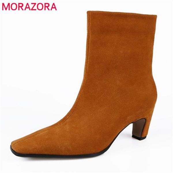 

boots morazora 2022 suede leather ankle for women high heels fashion shoes square toe slip on short, Black