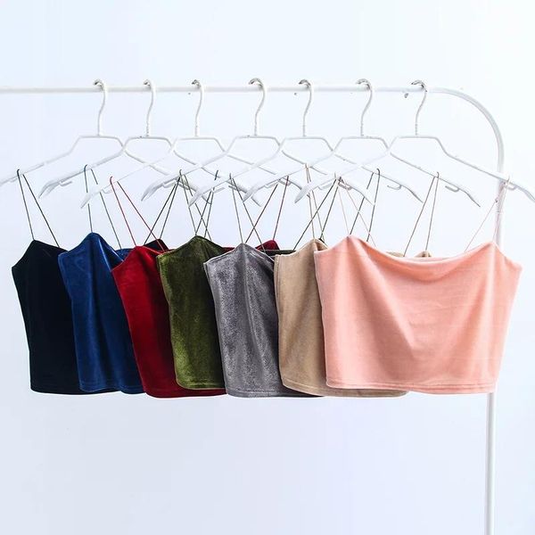 

women's tanks & camis fashion spaghetti straps tank velvet short crop 7 colors boob tube bustier brief vest t-shirts tee, White