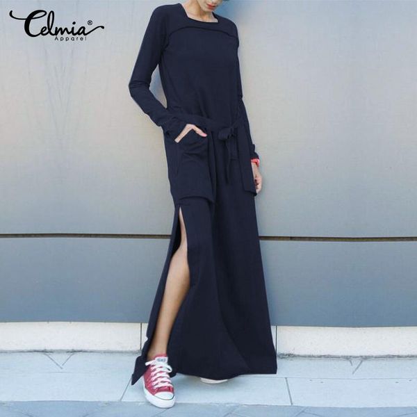 

casual dresses 5xl celmia women 2021 high split maxi dress autumn female long sleeve vestidos winter belted pullover robe femme oversiz, Black;gray