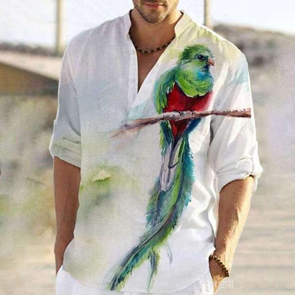 

men's casual shirts spring autumn causal long sleeve streetwear male single breasted button men shirt bird collarless pattern print, White;black