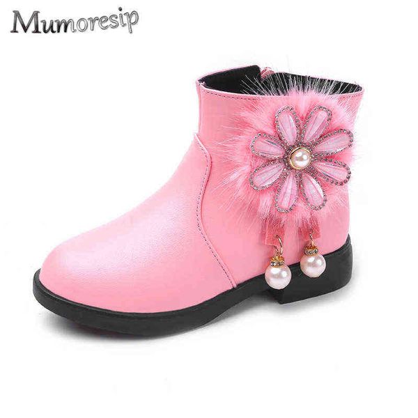

girls boots fashion princess kids ankle boots floral with pearl pendant warm cotton winter children rubber boots for girl flower 211108, Black;grey