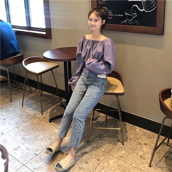 

women's blouses & shirts plaid spring korean slim short blouse lantern long sleeve shirt woman sp446, White