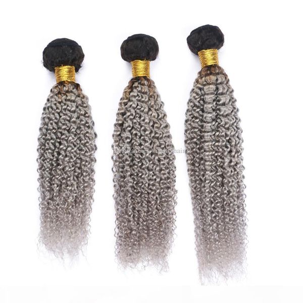 

virgin peruvian human hair silver grey ombre kinky curly bundles deals dark root 3pcs lot #1b grey ombre hair bundles, Black;brown