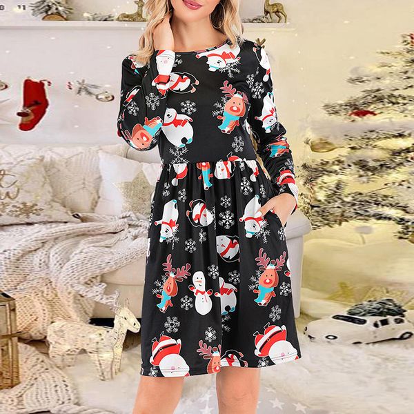 

2021 women fashion o neck long sleeve elk bear print new year party dress christmas holiday loose ladies dresses e04m, Black;gray
