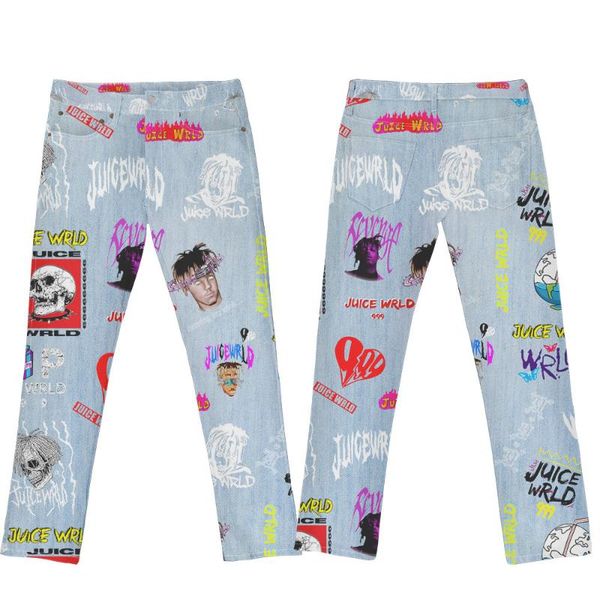 

men's jeans 3d printed juice wrld pants straight full long women men streetwear hip hop kpop harajuku casual, Blue