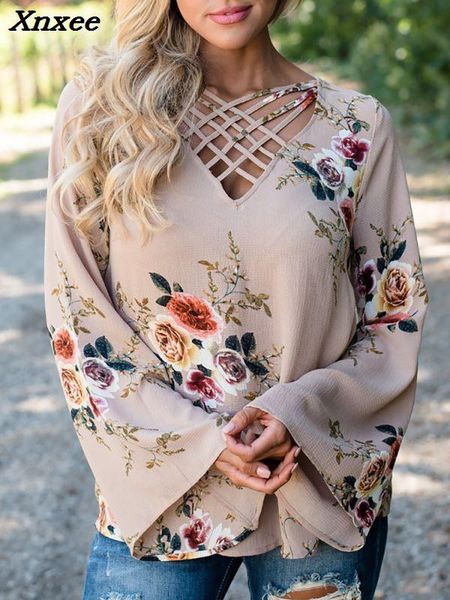 

women's blouses & shirts women summer 2021 v-neck fashion floral print hollow out flare sleeve blouse xnxee, White