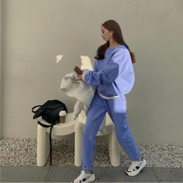 

women's two piece pants winter casual suit loose purple outfit o-neck solid color cotton plus velvet sweatshirt sweatpants pieces set, White