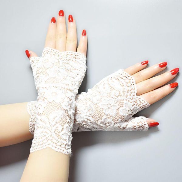 

five fingers gloves women party sheer mesh fingerless embroidery jacquard floral lace shiny sunscreen driving mittens, Blue;gray