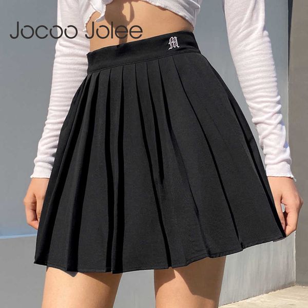 

jocoo jolee women elegant gothic pleated mini skirts elastics high waist embroidery preppy style a line skirt casual dance skirt 210619, Black