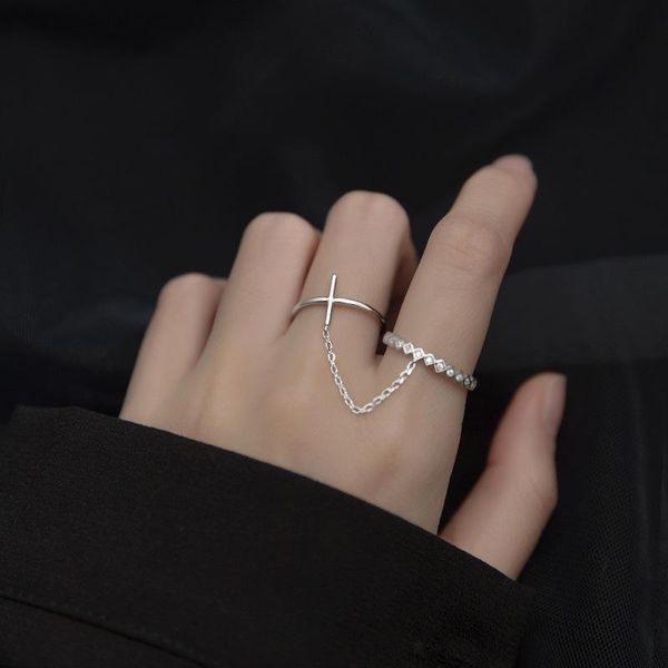 

cluster rings real 925 sterling silver double-layer cross chain for women zircon adjustable open finger ring geometric unique jewelry, Golden;silver