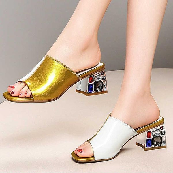 

slippers fashion crystal high heel women summer pu patchwork square toes party sandals woman outdoor open toe beach shoes, Black