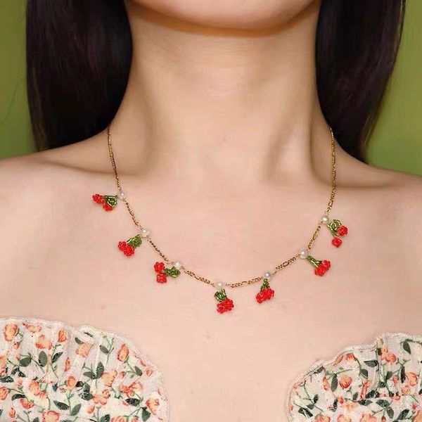 

pendant necklaces vsnow stylish red color beads cherry braid necklace for women gold thin chains fruit chokers holiday jewellery, Silver