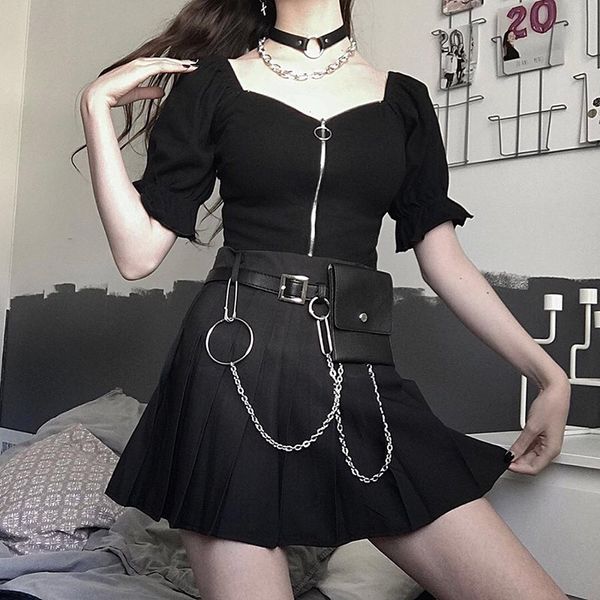 

bodycon vintage women summer streetwear zipper puff sleeve zipper elegant female luxury lady party club, White