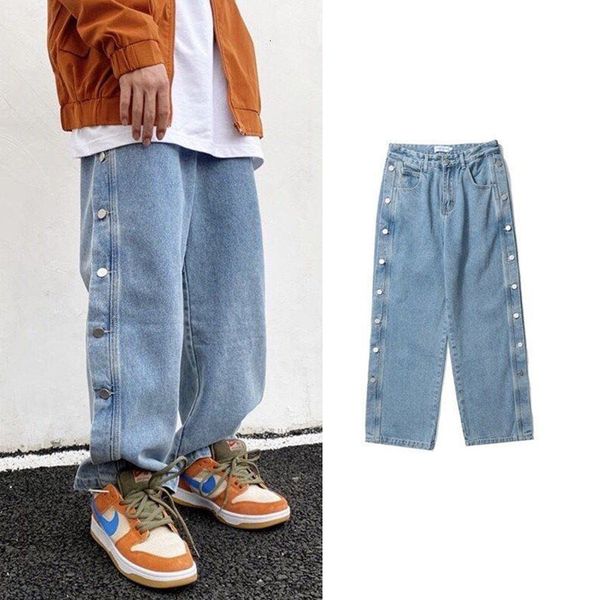 

hip hop black/blue wide leg men streetwear 2021 button trousers loose straight baggy denim pants male brand harajuku rx6a