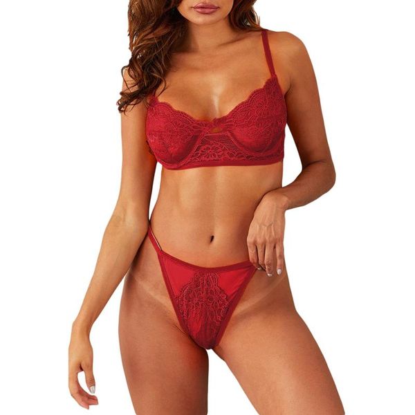 

women underwear fashion lace bra thong two-piece set underwear set corset lace bra light weight breathable, Red;black