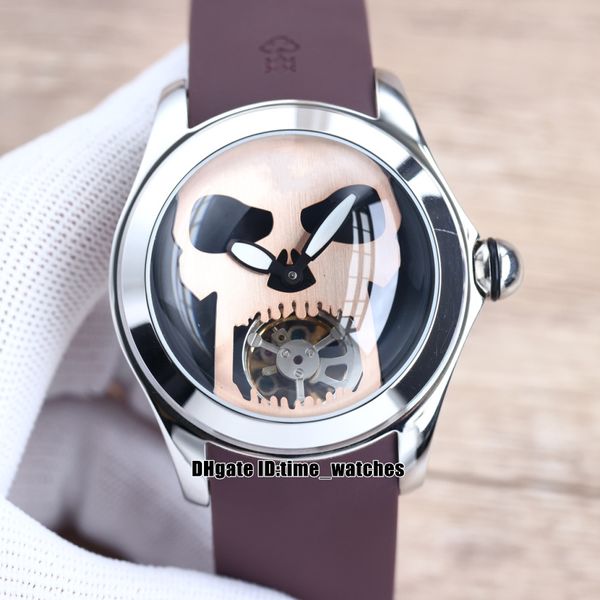 

bubble watches 46mm automatic mechanical mens watch rose gold skull tourbillon montre de luxe sports brown rubber strap, Slivery;brown