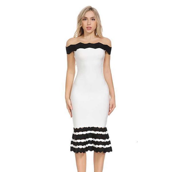 

luxury casual dresses korean version star same drs black and white one line shoulder bag hip slim fishtail skirt party annual meeting hosts, Black;gray
